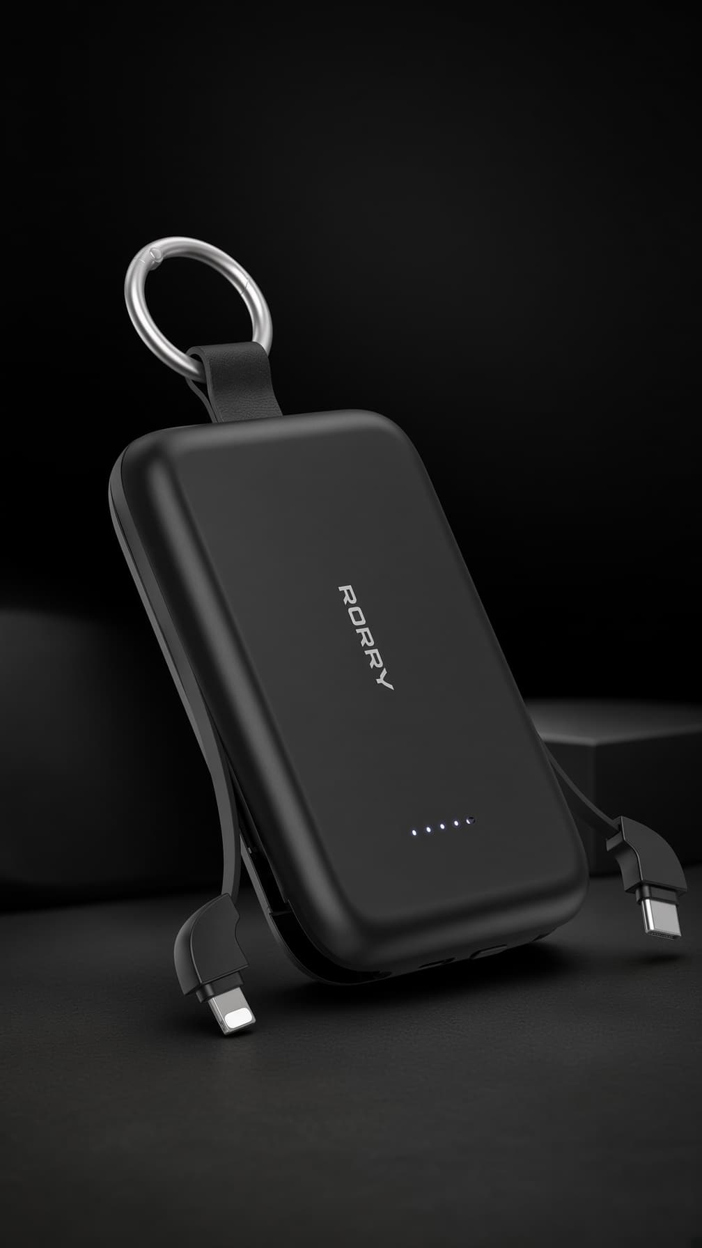 黒いRORRY CharmGo T1のキーホルダー型モバイルバッテリー